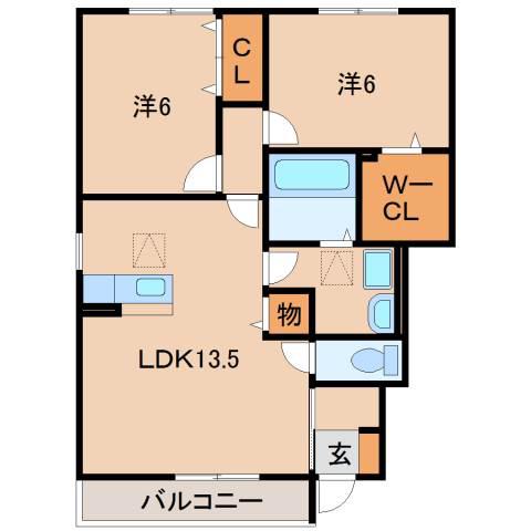 D-ROOM秋月 B棟(2LDK/1階)の間取り写真