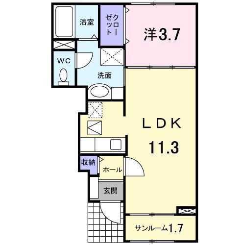 FLOURISHINおやまつV(1LDK/1階)の間取り写真