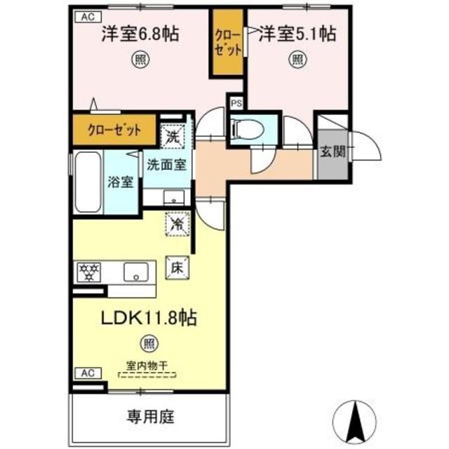 トリシア野多目I(2LDK/1階)の間取り写真