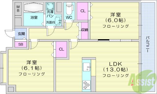 東仙台五番館(2LDK/2階)の間取り写真