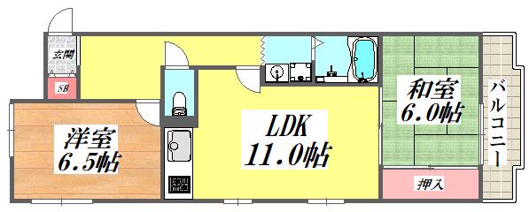 ラヴィール若宮(2LDK/2階)の間取り写真