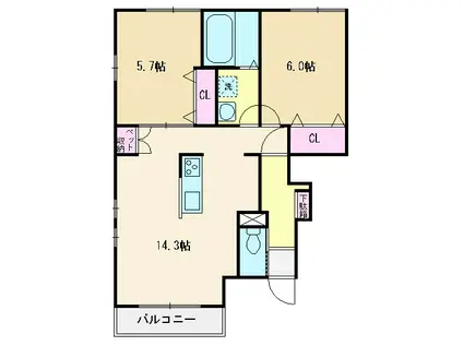 メゾン・ボヌールB棟(2LDK/1階)の間取り写真