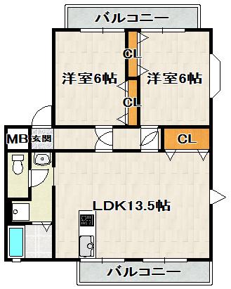 ツインコート壱番館(2LDK/2階)の間取り写真