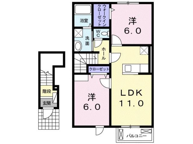 サザンコート B(2LDK/2階)の間取り写真