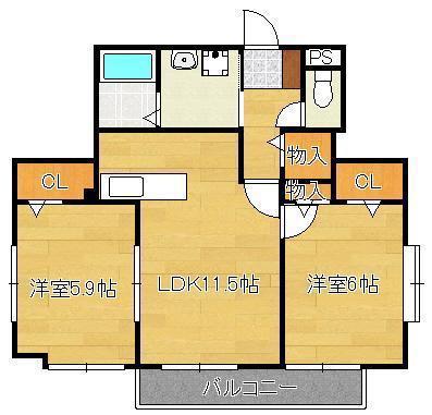 ディアコート鷹の巣(2LDK/5階)の間取り写真