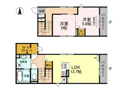 コエーダコート大宮(2LDK/2階)の間取り写真