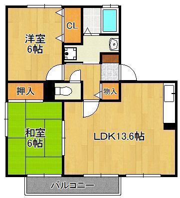 ロイヤルガーデン芳賀C棟(2LDK/2階)の間取り写真
