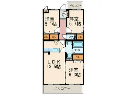 プレシード陣原(3LDK/3階)の間取り写真