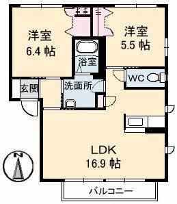 シャーメゾンYAYOI B棟(2LDK/2階)の間取り写真