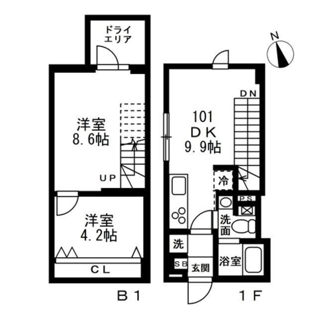 NOZOMIO祐天寺(2DK/B1階)の間取り写真