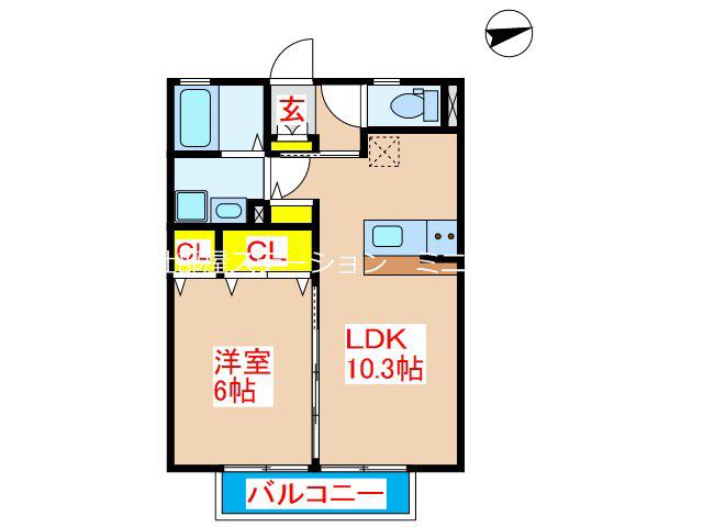 グリーンヒル・ヴァンB棟(1LDK/2階)の間取り写真