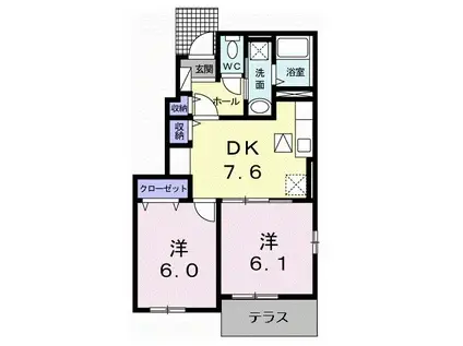 プラシードB(2DK/1階)の間取り写真