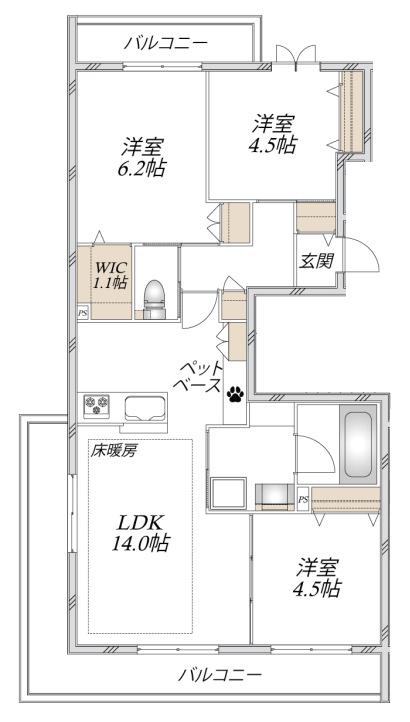 LA MAISON MATE 壱番館(3LDK/3階)の間取り写真