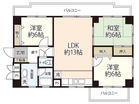 サニーハイム岡山(3LDK/5階)の間取り写真