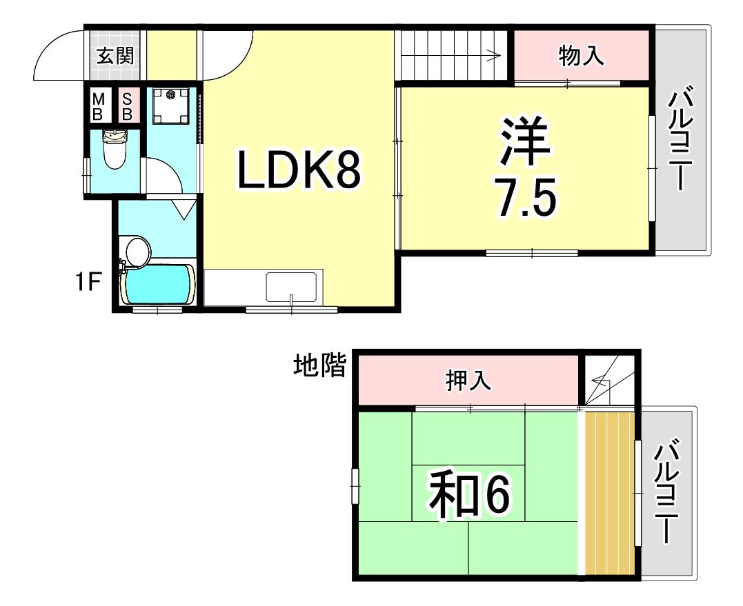 リードサザン霞ヶ丘(2LDK/1階)の間取り写真