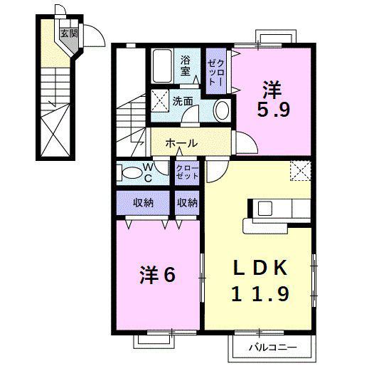 グリーンヒルズI(2LDK/2階)の間取り写真
