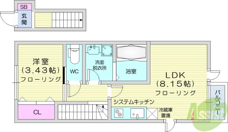 JR東北本線 東仙台駅 徒歩5分 2階建 築1年(1LDK/2階)の間取り写真