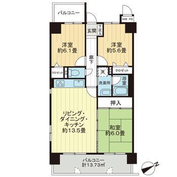 ライオンズマンション小頭町公園(3LDK/5階)の間取り写真