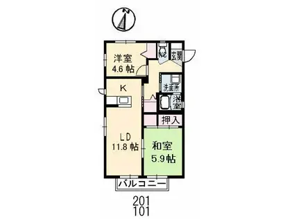 アンソレイユ II棟(2LDK/1階)の間取り写真