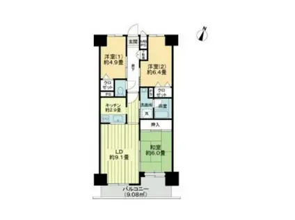 ライオンズプラザ西公園(3LDK/9階)の間取り写真