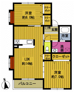 ヴィヴレ山の手 B(2LDK/2階)の間取り写真