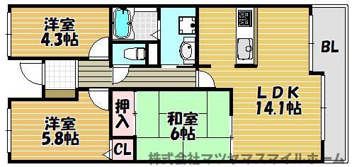 住道ファーストハイツ(3LDK/2階)の間取り写真