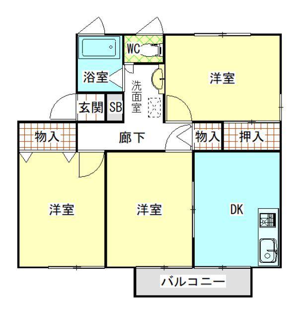 ソシア B棟(3DK/2階)の間取り写真