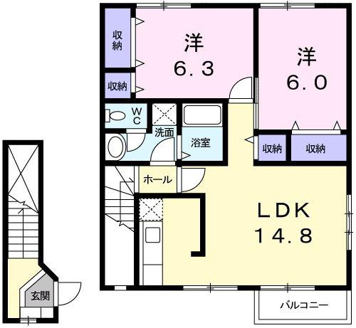 シャン・ド・フルールI(2LDK/2階)の間取り写真