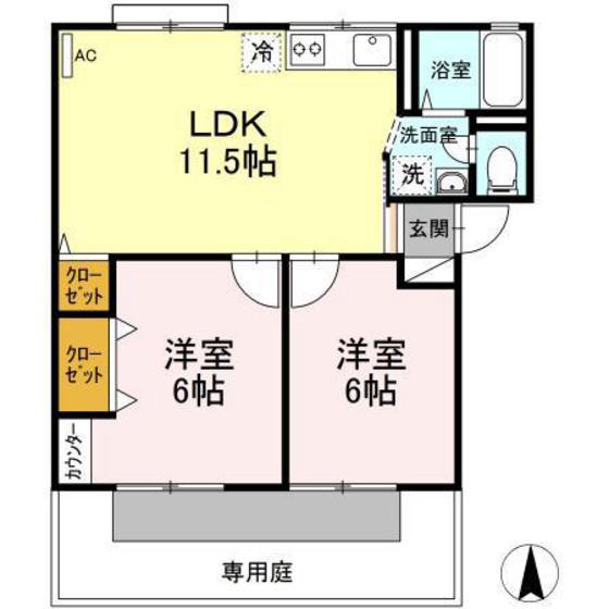 グレースハイツ B棟(2LDK/1階)の間取り写真