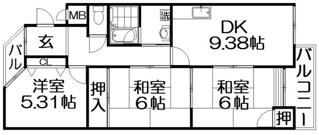ジェントリーズ岡田(3DK/2階)の間取り写真