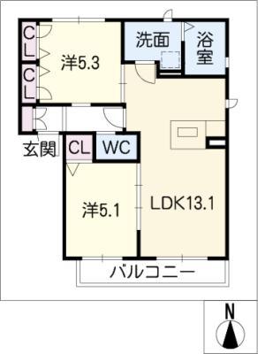 フェリオ B棟(2LDK/2階)の間取り写真
