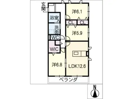 BELLE JIANG B棟(3LDK/1階)の間取り写真
