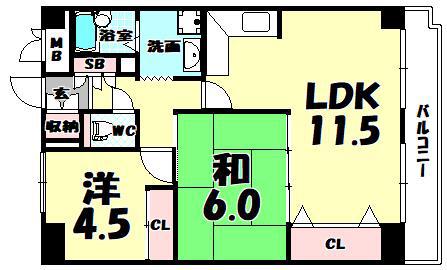 ミュー高麗橋(2LDK/6階)の間取り写真
