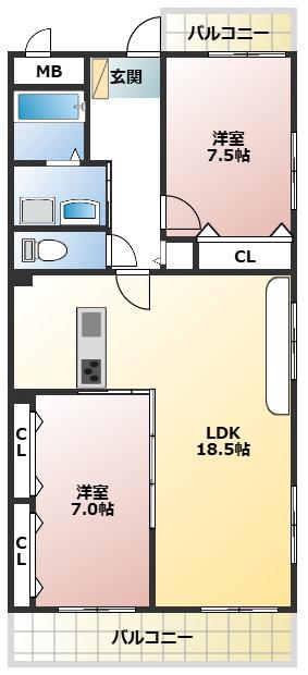 大脇マンション(2LDK/4階)の間取り写真