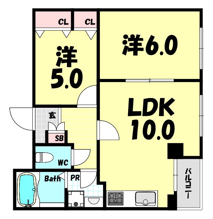 アルカディア三宮(2LDK/2階)の間取り写真