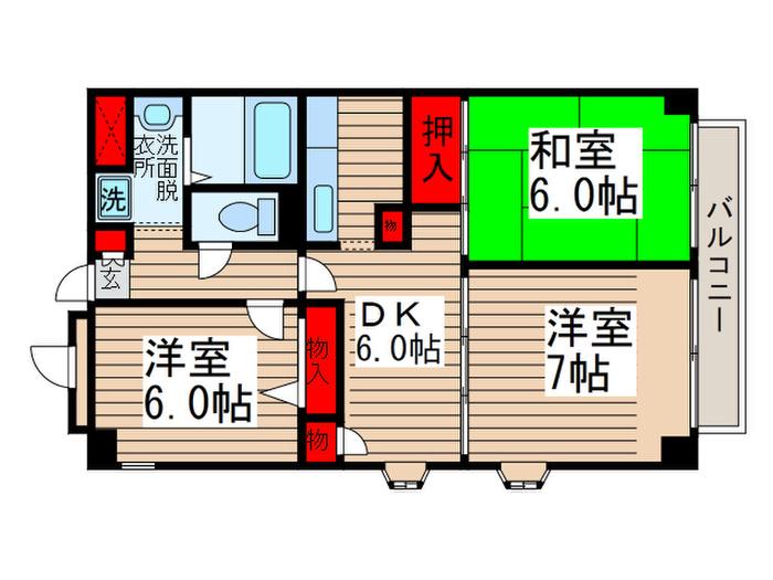 フラットサモアノ北小金(3DK/2階)の間取り写真