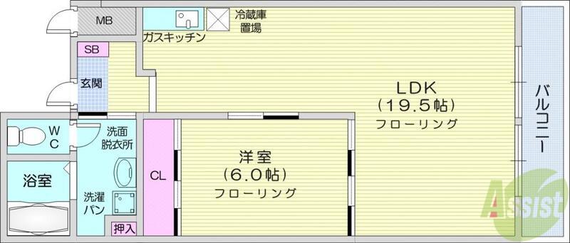 オーロラビル(1LDK/3階)の間取り写真