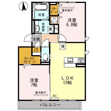 アンソレイユ B棟(2LDK/1階)の間取り写真