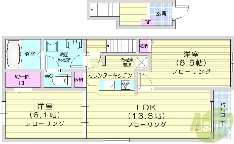 グレースヒルズGAMO A棟(2LDK/2階)の間取り写真