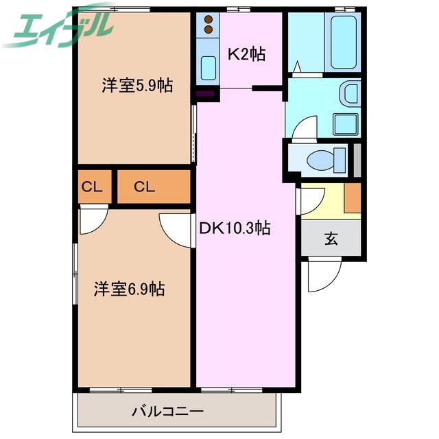 ミニオンフラッツ B(2LDK/1階)の間取り写真
