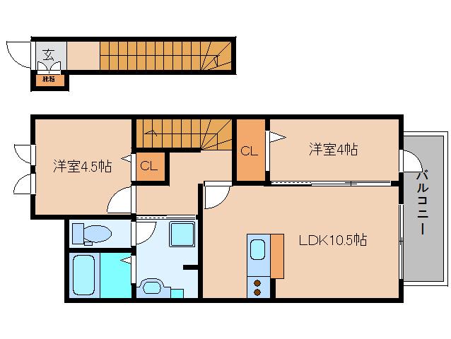 ヴィルヌーブ A棟(2LDK/2階)の間取り写真