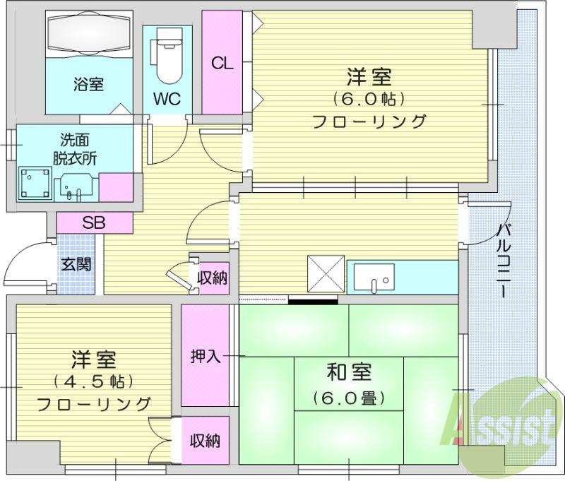長町南424ビル(3K/6階)の間取り写真