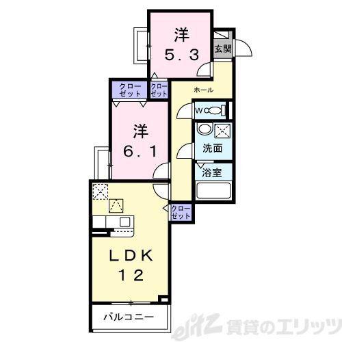 ユニゾン安満 A棟(2LDK/1階)の間取り写真