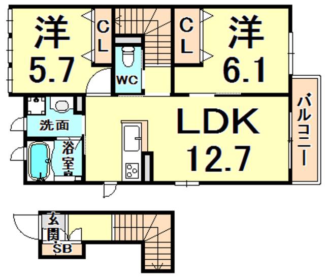 エトワール学文殿(2LDK/2階)の間取り写真