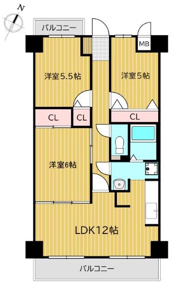 ガーデングラス桑野(3LDK/3階)の間取り写真