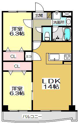 ニューガイア上石田(2LDK/4階)の間取り写真