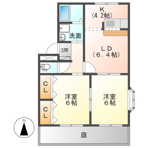 メルヴェール弐番館(2LDK/1階)の間取り写真