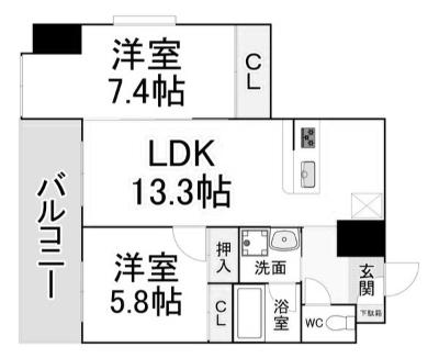 アミュゼ城野(2LDK/9階)の間取り写真