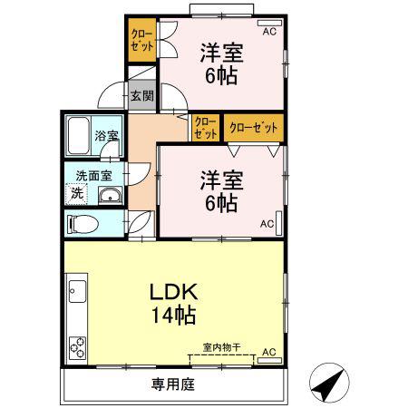 セジュール吉岡 D棟(2LDK/1階)の間取り写真