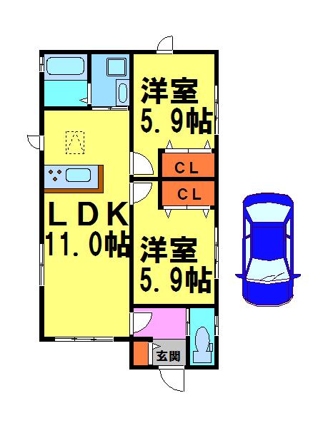 錦松台平屋(2LDK/1階)の間取り写真